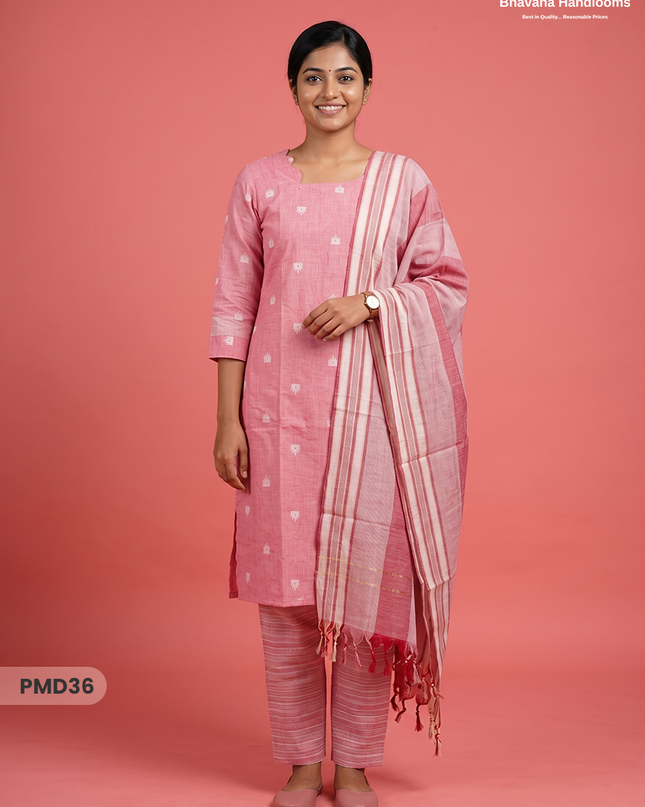 Handloom Jacquard 3pc Suit Set – Dusty Pink with Pocket, Elastic Bottom & Full Lining