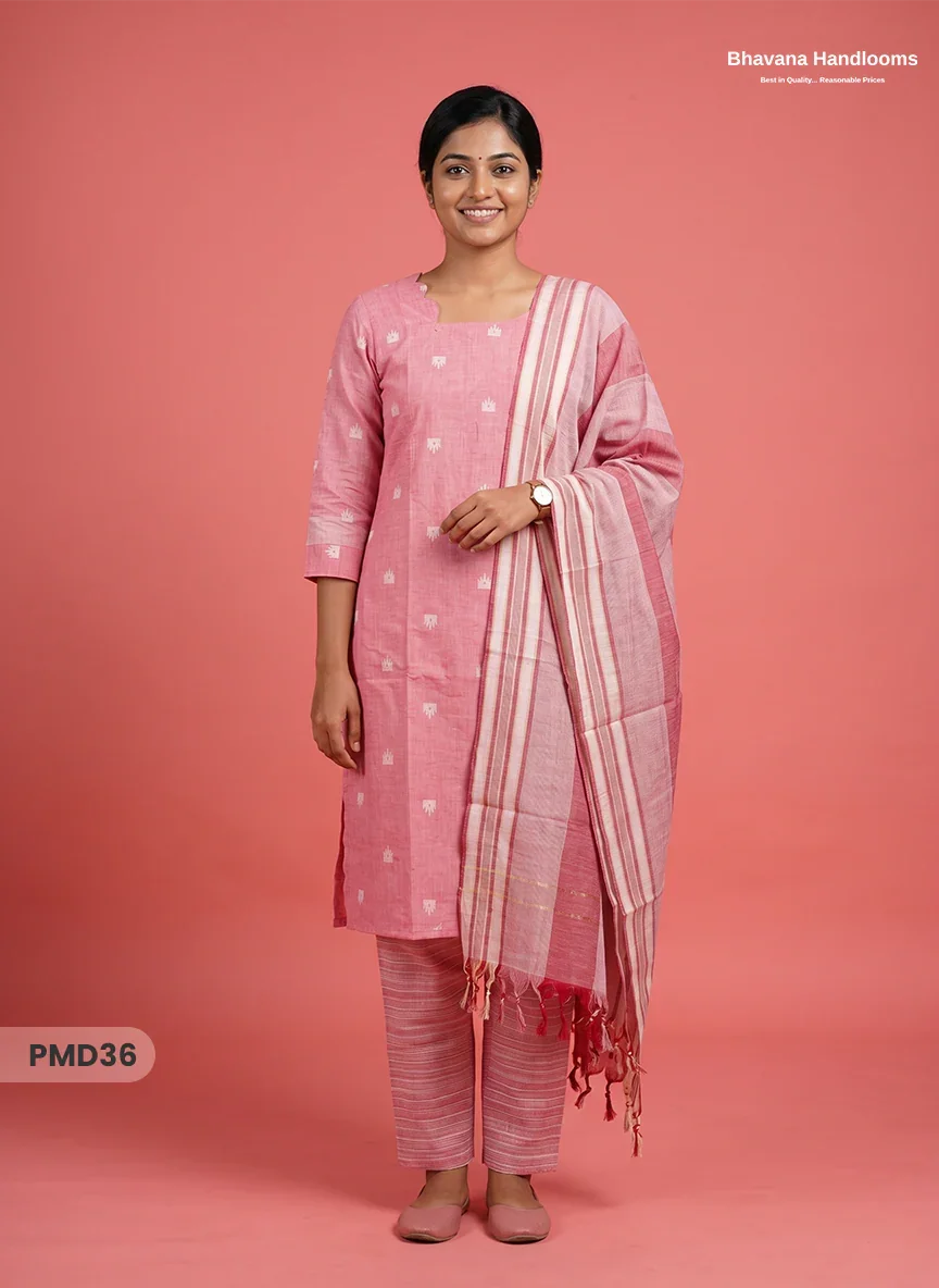 Handloom Jacquard 3pc Suit Set – Dusty Pink with Pocket, Elastic Bottom & Full Lining