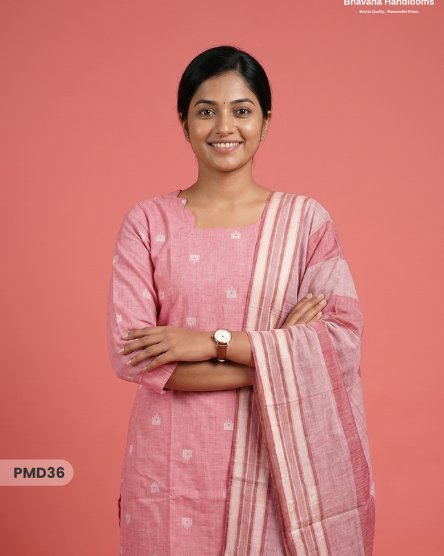 Handloom Jacquard 3pc Suit Set – Dusty Pink with Pocket, Elastic Bottom & Full Lining