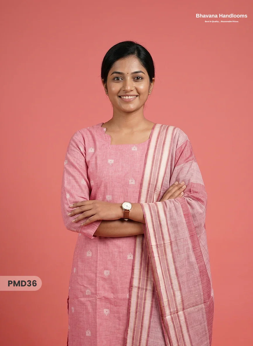 Handloom Jacquard 3pc Suit Set – Dusty Pink with Pocket, Elastic Bottom & Full Lining