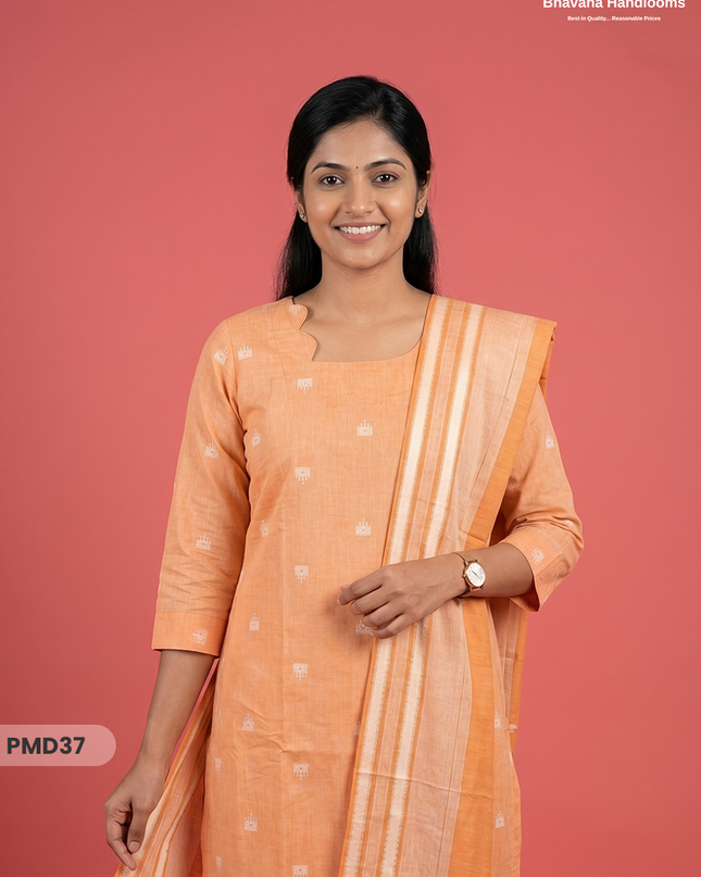 Handloom Jacquard 3pc Suit Set – Soft Peach with Pocket, Elastic Bottom & Full Lining
