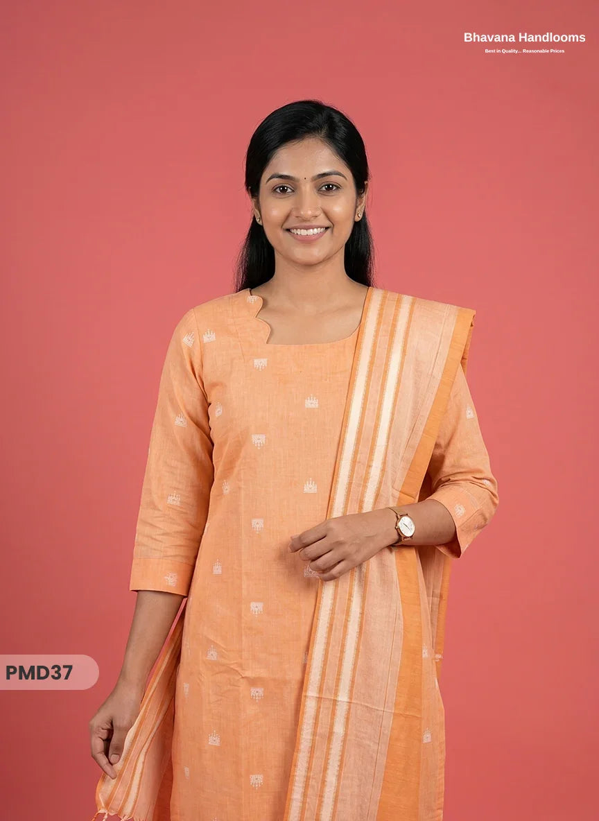Handloom Jacquard 3pc Suit Set – Soft Peach with Pocket, Elastic Bottom & Full Lining