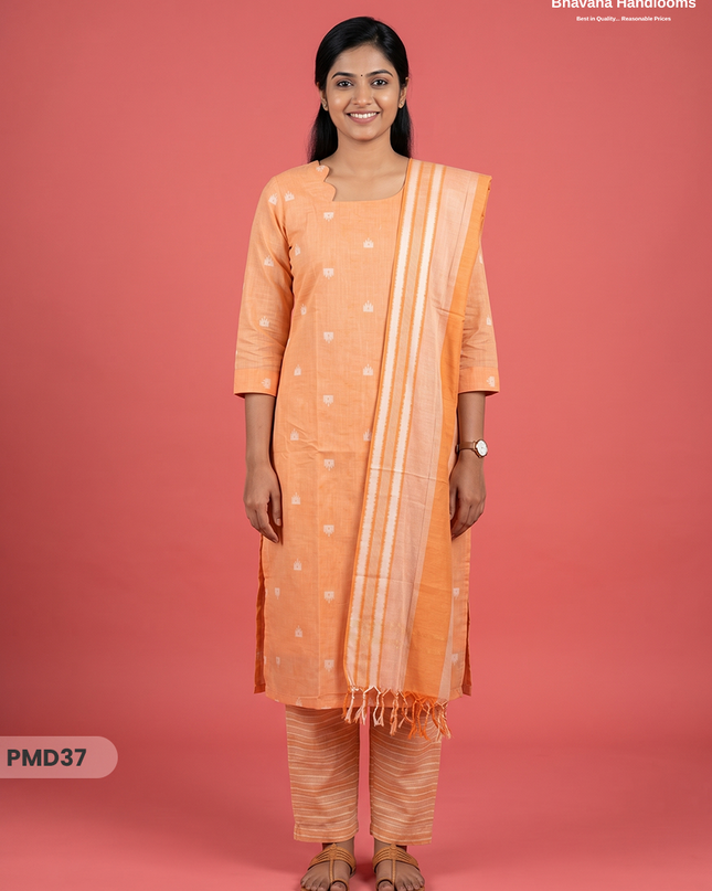 Handloom Jacquard 3pc Suit Set – Soft Peach with Pocket, Elastic Bottom & Full Lining