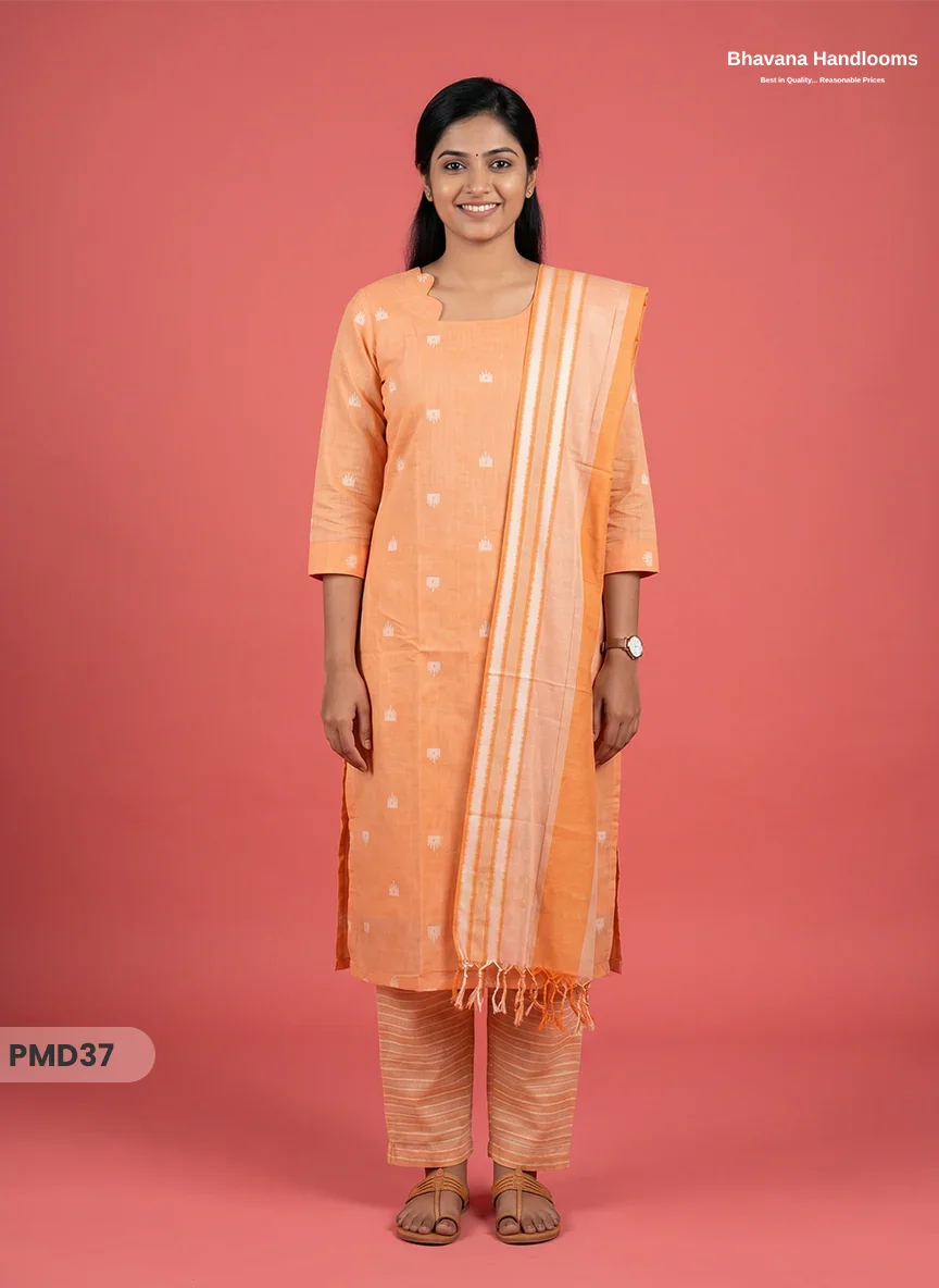 Handloom Jacquard 3pc Suit Set – Soft Peach with Pocket, Elastic Bottom & Full Lining