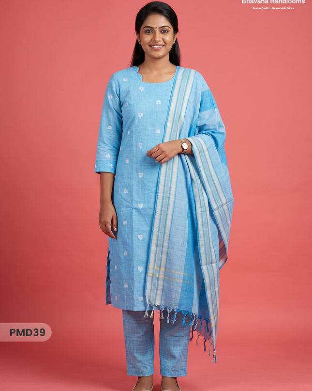 Handloom Jacquard 3pc Suit Set – Soft Sky Blue with Pocket, Elastic Bottom & Full Lining