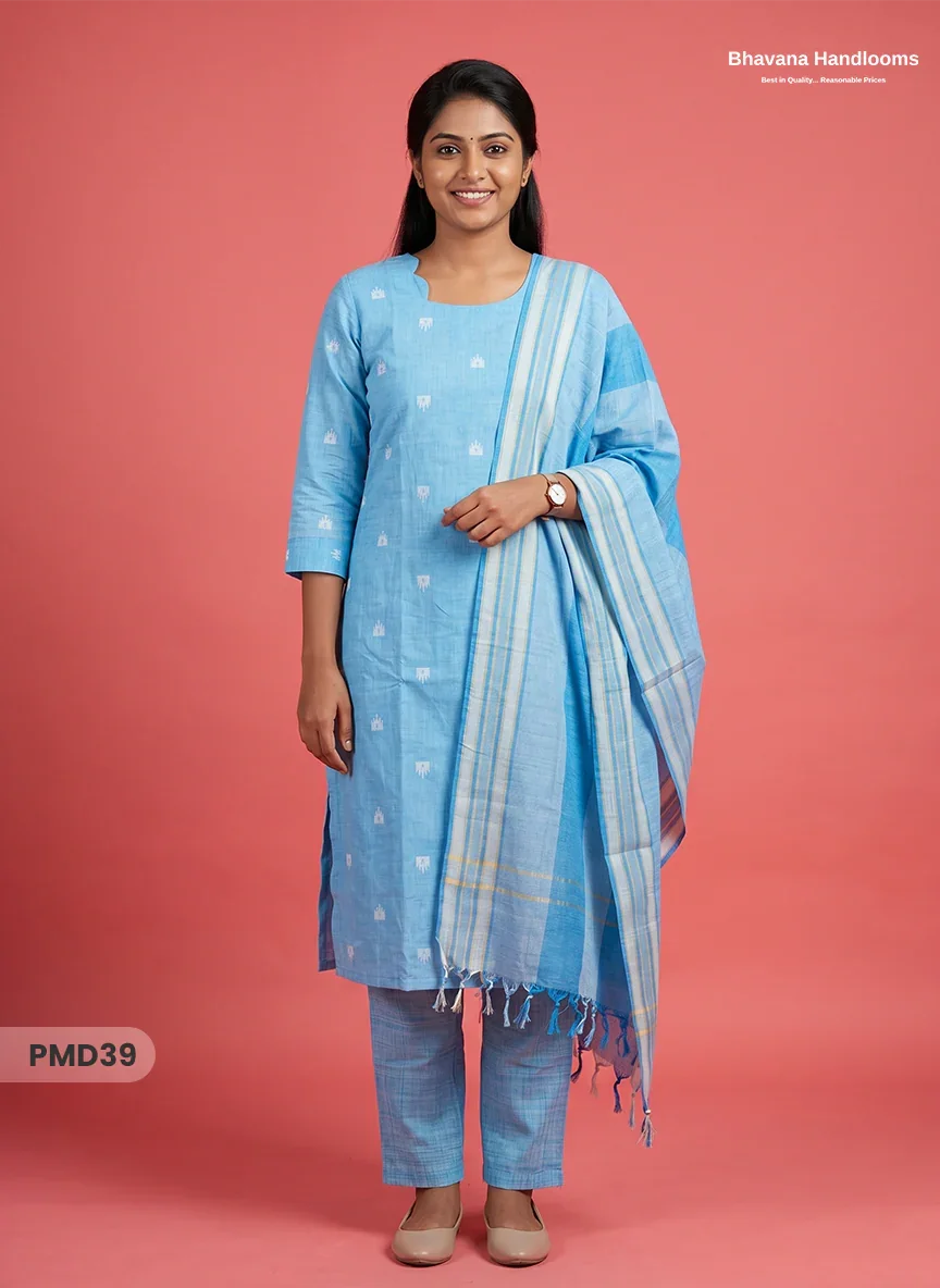 Handloom Jacquard 3pc Suit Set – Soft Sky Blue with Pocket, Elastic Bottom & Full Lining
