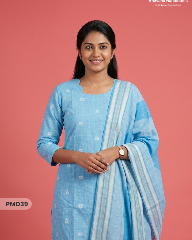 Handloom Jacquard 3pc Suit Set – Soft Sky Blue with Pocket, Elastic Bottom & Full Lining