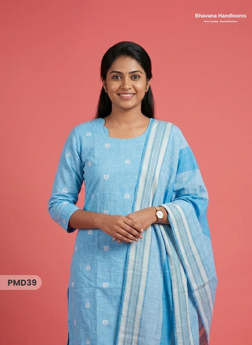 Handloom Jacquard 3pc Suit Set – Soft Sky Blue with Pocket, Elastic Bottom & Full Lining