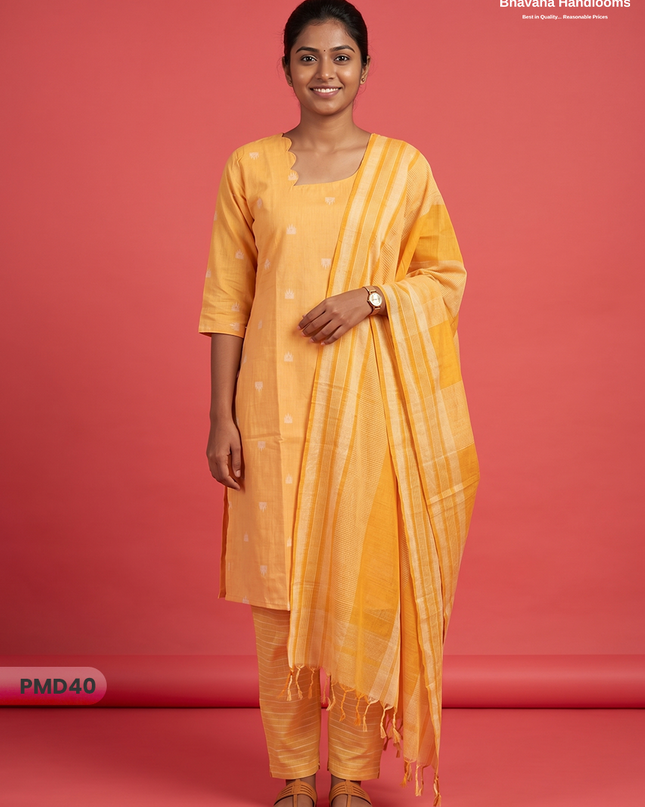 Handloom Jacquard 3pc Suit Set – Golden yellow with Pocket, Elastic Bottom & Full Lining