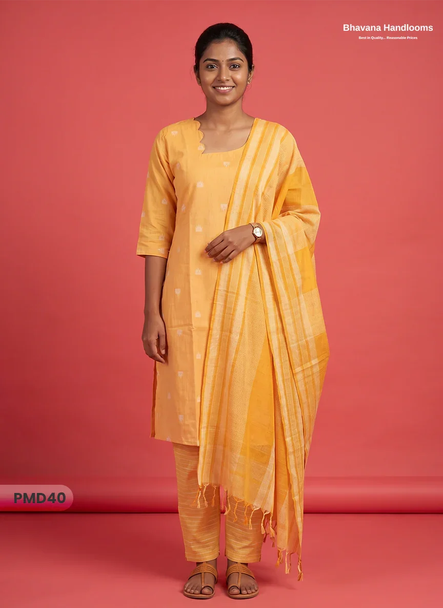 Handloom Jacquard 3pc Suit Set – Golden yellow with Pocket, Elastic Bottom & Full Lining