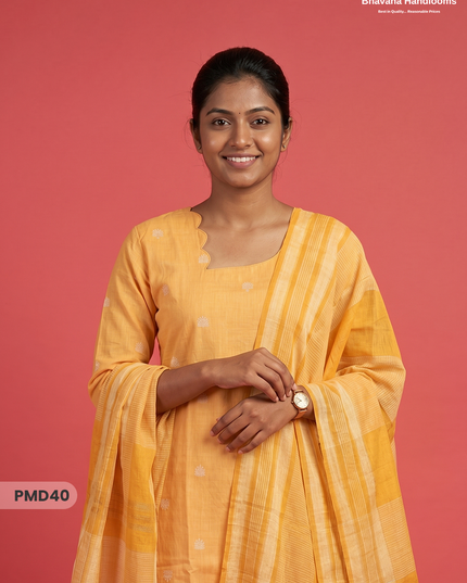 Handloom Jacquard 3pc Suit Set – Golden yellow with Pocket, Elastic Bottom & Full Lining