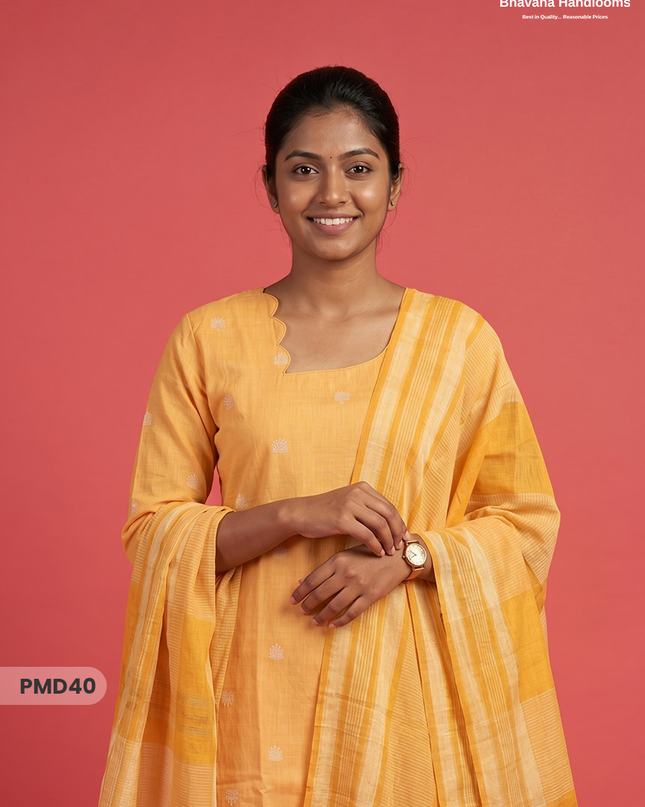 Handloom Jacquard 3pc Suit Set – Golden yellow with Pocket, Elastic Bottom & Full Lining