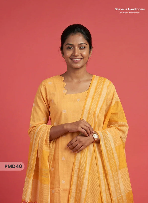 Handloom Jacquard 3pc Suit Set – Golden yellow with Pocket, Elastic Bottom & Full Lining
