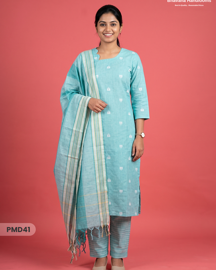 Handloom Jacquard 3pc Suit Set – Pastel Turquoise with Pocket, Elastic Bottom & Full Lining