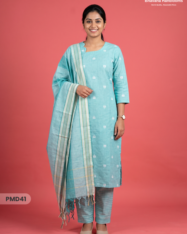 Handloom Jacquard 3pc Suit Set – Pastel Turquoise with Pocket, Elastic Bottom & Full Lining