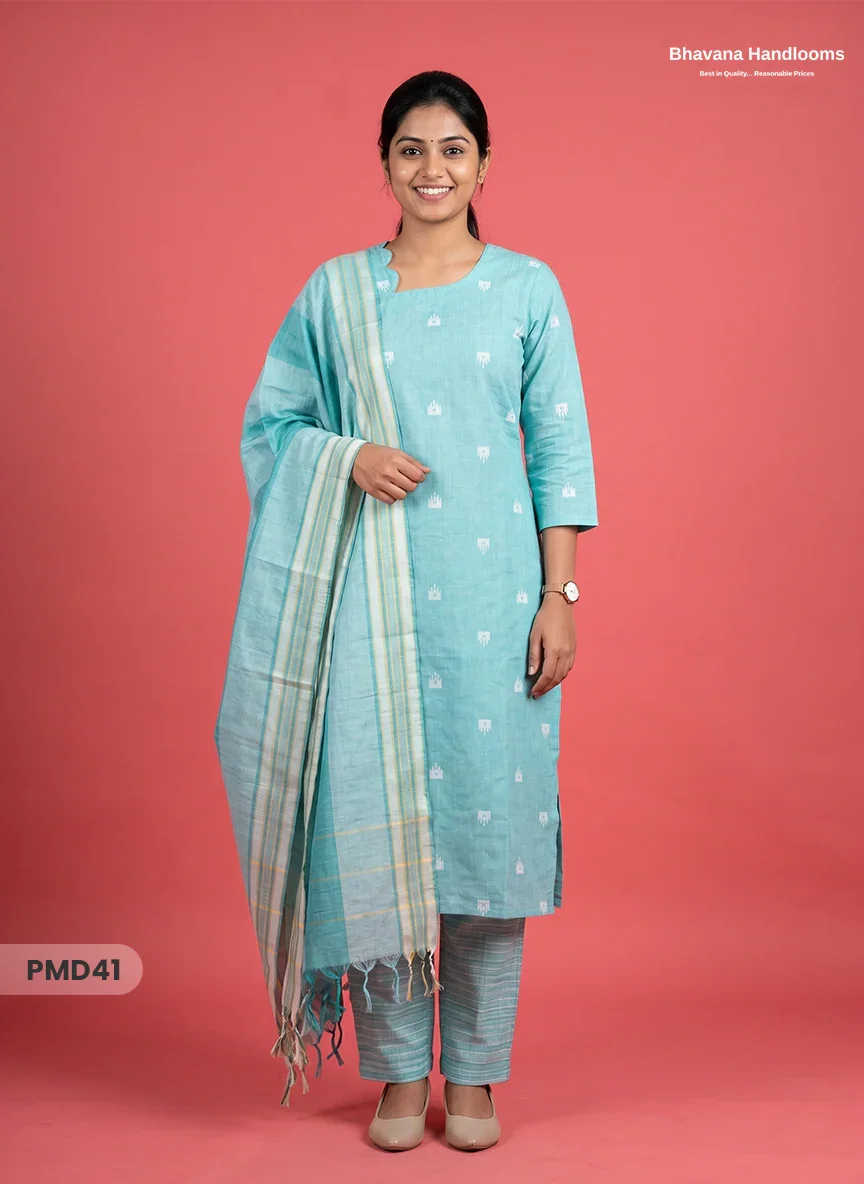 Handloom Jacquard 3pc Suit Set – Pastel Turquoise with Pocket, Elastic Bottom & Full Lining