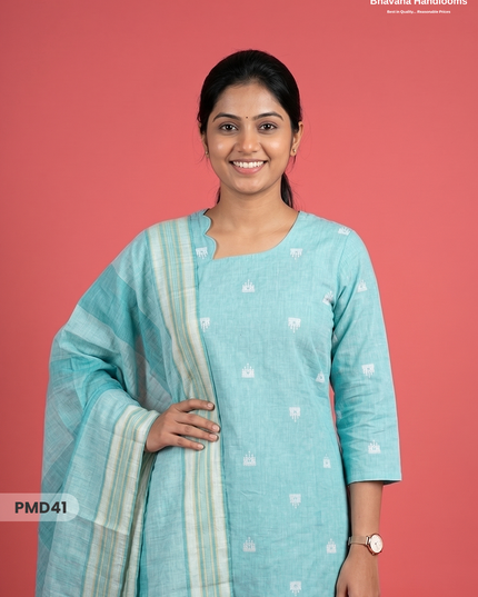 Handloom Jacquard 3pc Suit Set – Pastel Turquoise with Pocket, Elastic Bottom & Full Lining