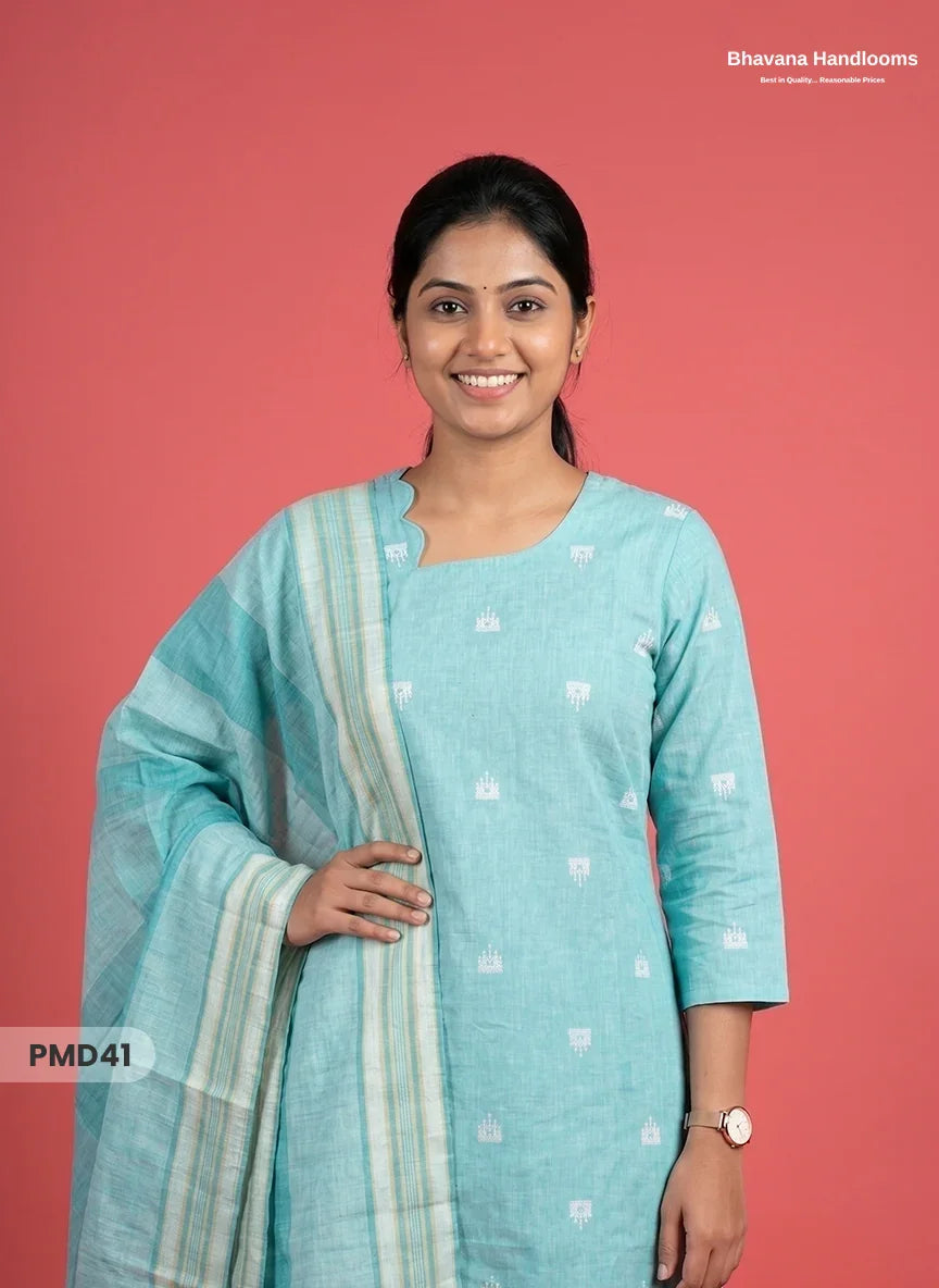 Handloom Jacquard 3pc Suit Set – Pastel Turquoise with Pocket, Elastic Bottom & Full Lining