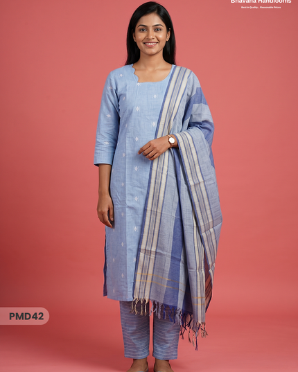 Handloom Jacquard 3pc Suit Set – Light Sky Blue with Pocket, Elastic Bottom & Full Lining
