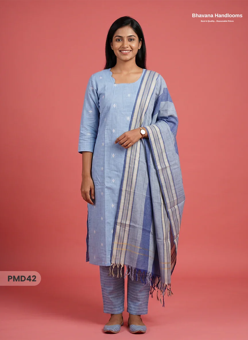 Handloom Jacquard 3pc Suit Set – Light Sky Blue with Pocket, Elastic Bottom & Full Lining