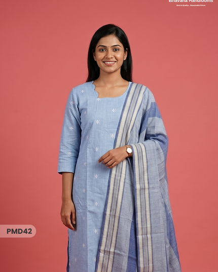 Handloom Jacquard 3pc Suit Set – Light Sky Blue with Pocket, Elastic Bottom & Full Lining