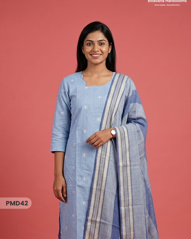 Handloom Jacquard 3pc Suit Set – Light Sky Blue with Pocket, Elastic Bottom & Full Lining