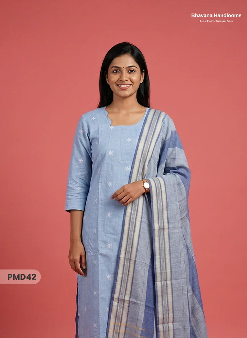 Handloom Jacquard 3pc Suit Set – Light Sky Blue with Pocket, Elastic Bottom & Full Lining