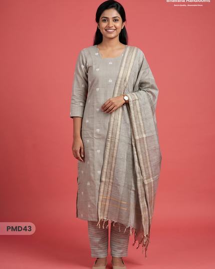 Handloom Jacquard 3pc Suit Set – Warm Grey with Pocket, Elastic Bottom & Full Lining