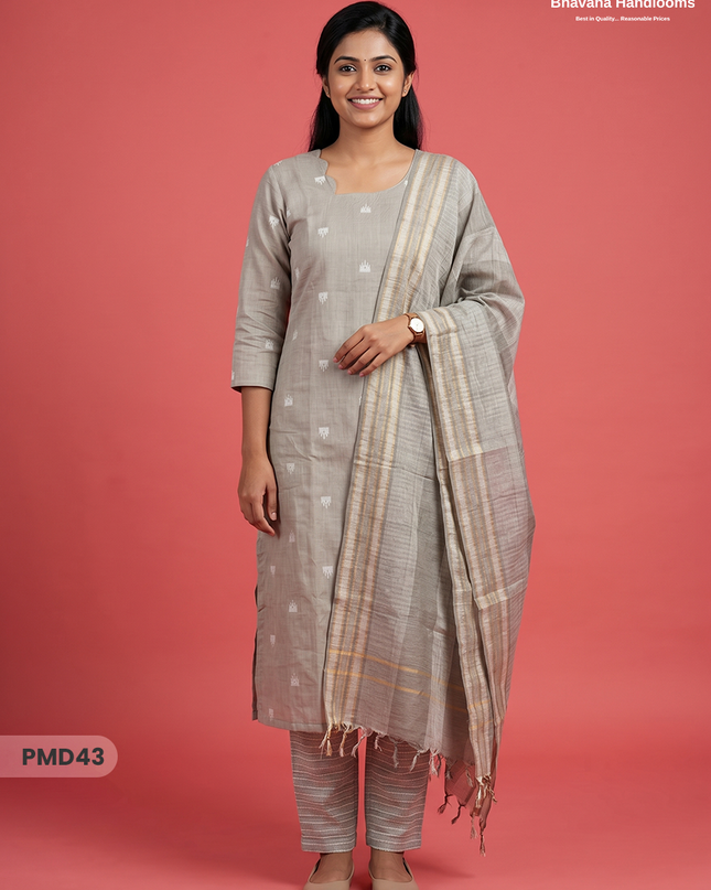 Handloom Jacquard 3pc Suit Set – Warm Grey with Pocket, Elastic Bottom & Full Lining