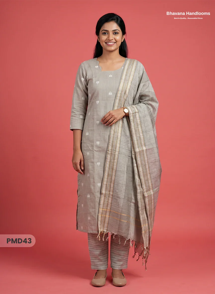 Handloom Jacquard 3pc Suit Set – Warm Grey with Pocket, Elastic Bottom & Full Lining
