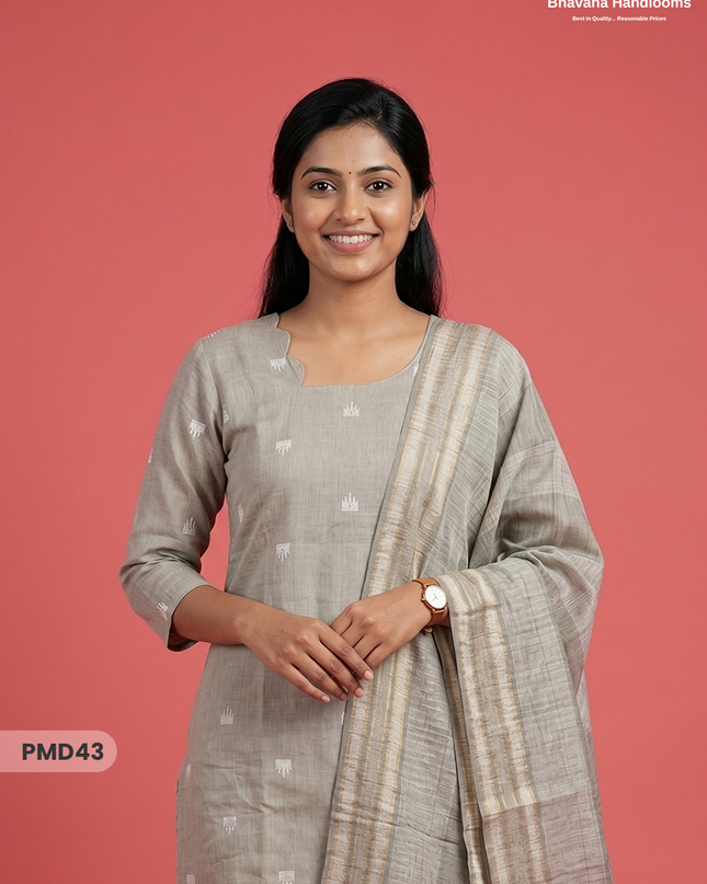Handloom Jacquard 3pc Suit Set – Warm Grey with Pocket, Elastic Bottom & Full Lining
