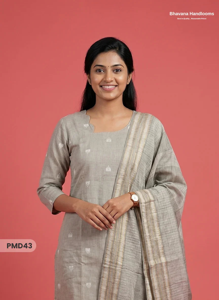 Handloom Jacquard 3pc Suit Set – Warm Grey with Pocket, Elastic Bottom & Full Lining