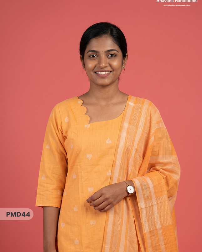 Handloom Jacquard 3pc Suit Set – Warm Golden Yellow with Pocket, Elastic Bottom & Full Lining