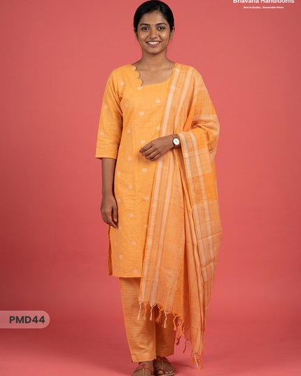 Handloom Jacquard 3pc Suit Set – Warm Golden Yellow with Pocket, Elastic Bottom & Full Lining