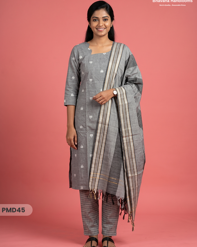 Handloom Jacquard 3pc Suit Set – Ash Grey with Pocket, Elastic Bottom & Full Lining