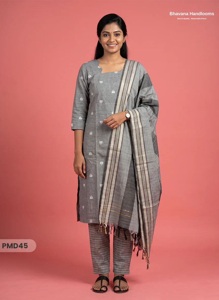 Handloom Jacquard 3pc Suit Set – Ash Grey with Pocket, Elastic Bottom & Full Lining