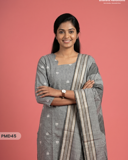Handloom Jacquard 3pc Suit Set – Ash Grey with Pocket, Elastic Bottom & Full Lining