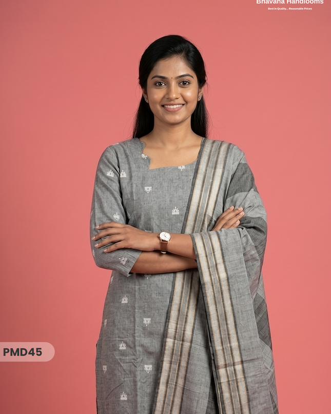Handloom Jacquard 3pc Suit Set – Ash Grey with Pocket, Elastic Bottom & Full Lining