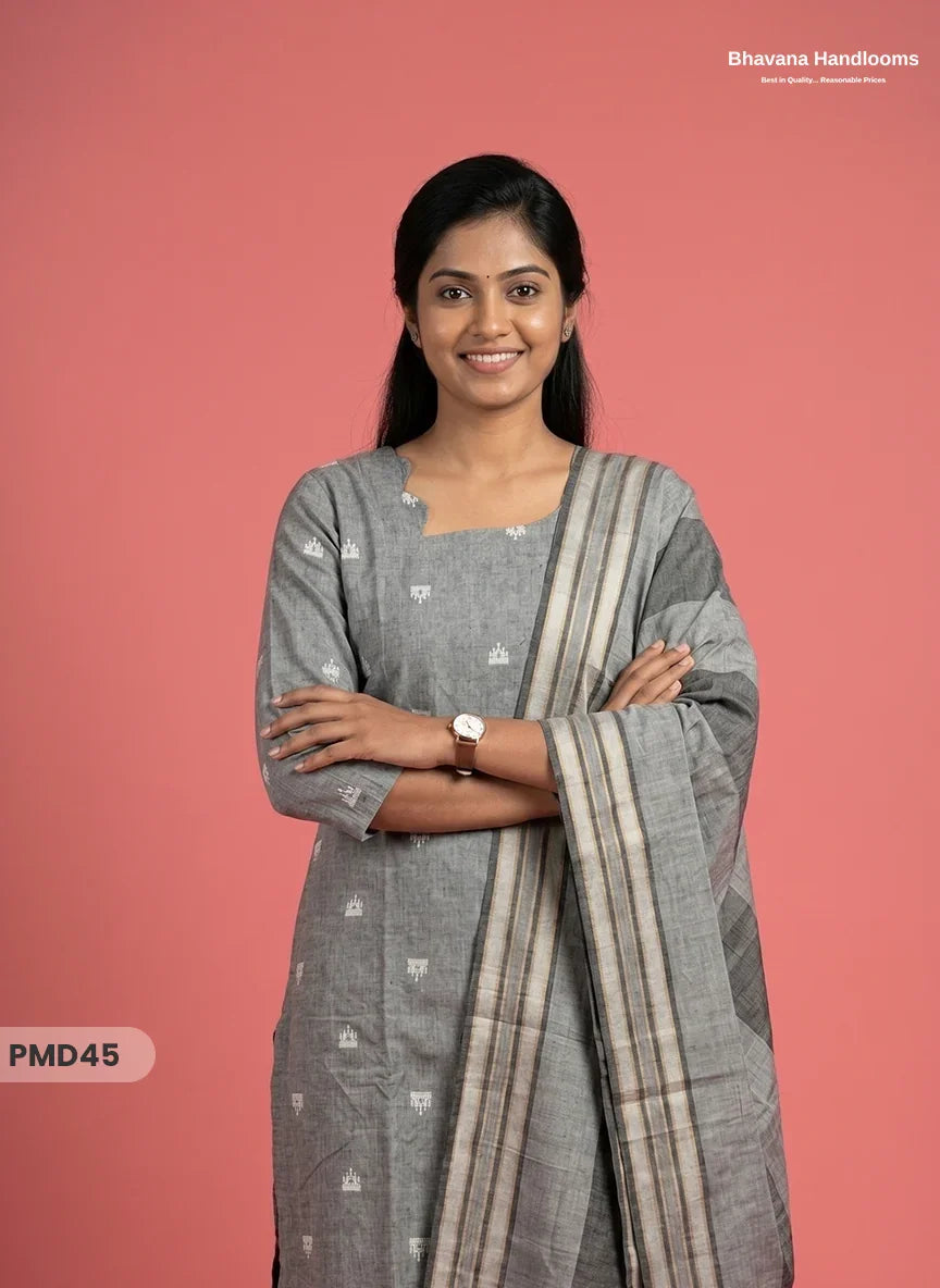 Handloom Jacquard 3pc Suit Set – Ash Grey with Pocket, Elastic Bottom & Full Lining