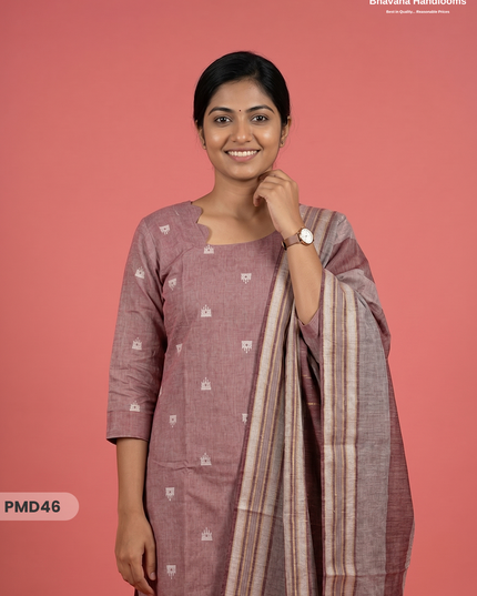 Handloom Jacquard 3pc Suit Set – Dusty Rose with Pocket, Elastic Bottom & Full Lining