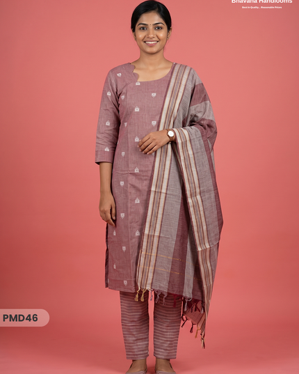 Handloom Jacquard 3pc Suit Set – Dusty Rose with Pocket, Elastic Bottom & Full Lining