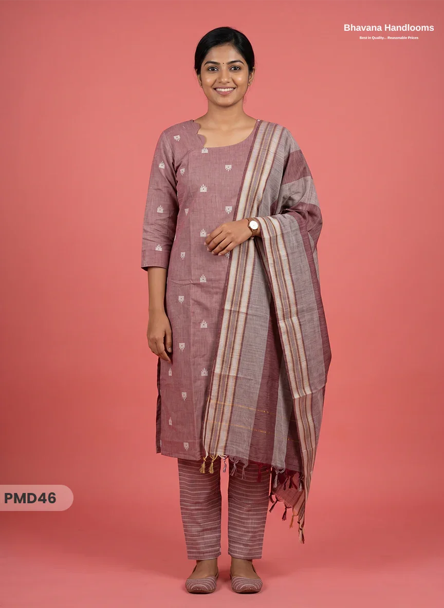 Handloom Jacquard 3pc Suit Set – Dusty Rose with Pocket, Elastic Bottom & Full Lining