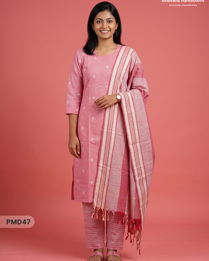 Handloom Jacquard 3pc Suit Set – Dusty Rose Pink with Pocket, Elastic Bottom & Full Lining