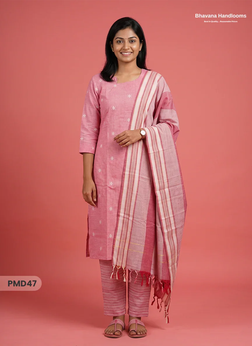 Handloom Jacquard 3pc Suit Set – Dusty Rose Pink with Pocket, Elastic Bottom & Full Lining