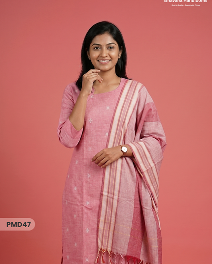 Handloom Jacquard 3pc Suit Set – Dusty Rose Pink with Pocket, Elastic Bottom & Full Lining