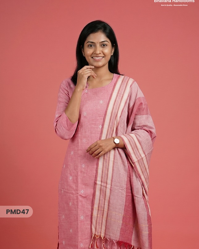 Handloom Jacquard 3pc Suit Set – Dusty Rose Pink with Pocket, Elastic Bottom & Full Lining