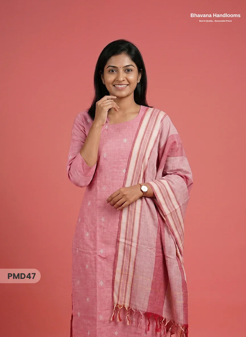 Handloom Jacquard 3pc Suit Set – Dusty Rose Pink with Pocket, Elastic Bottom & Full Lining