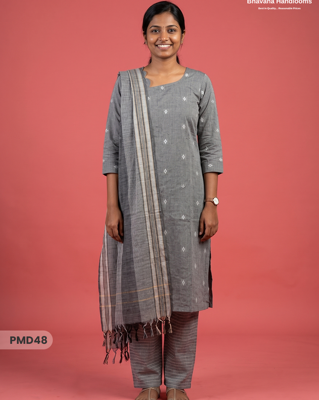 Handloom Jacquard 3pc Suit Set – Light Grey with Pocket, Elastic Bottom & Full Lining