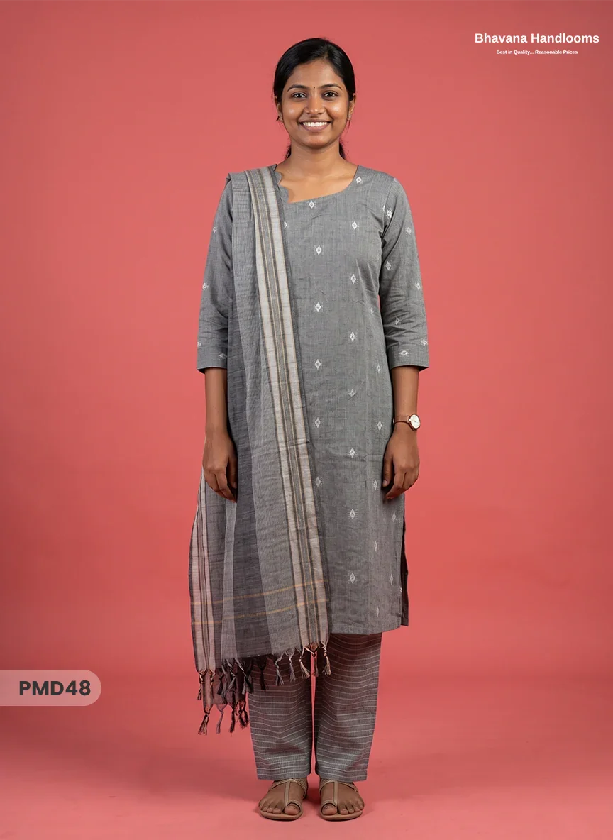 Handloom Jacquard 3pc Suit Set – Light Grey with Pocket, Elastic Bottom & Full Lining