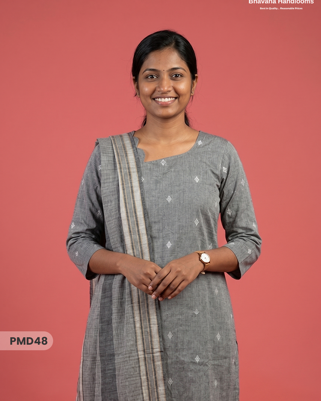 Handloom Jacquard 3pc Suit Set – Light Grey with Pocket, Elastic Bottom & Full Lining